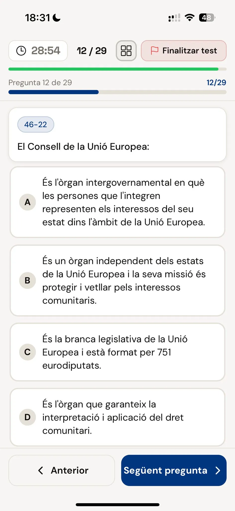 Pregunta de teoria amb resposta correcta a l'app de MossoLab
